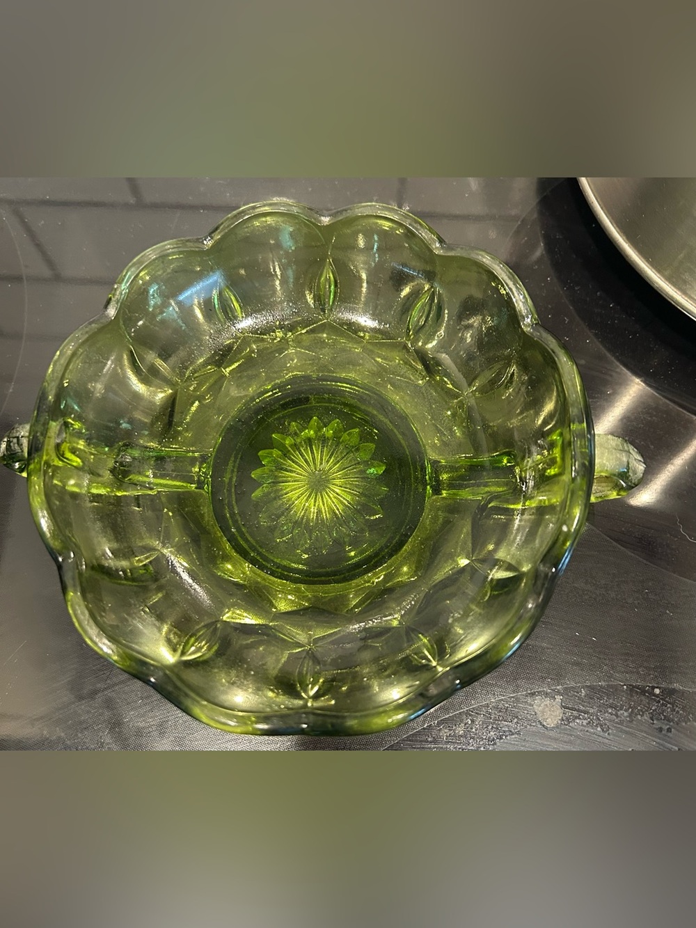 Green Glass Decorative Serving Bowl - Classic Pressed Glass